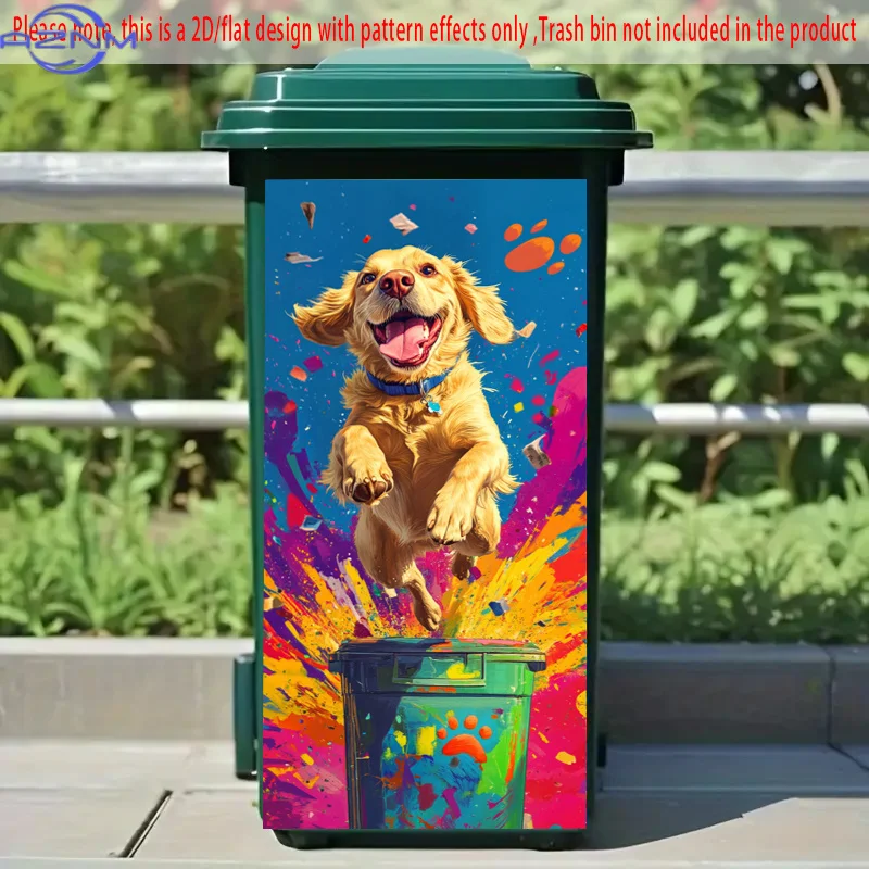 1pc Extra Large (.01xcm) Self-Adhesive Trash Can Stickers - Vibrant Golden Retriever jumping in Splash Colors, Pet Lover Home