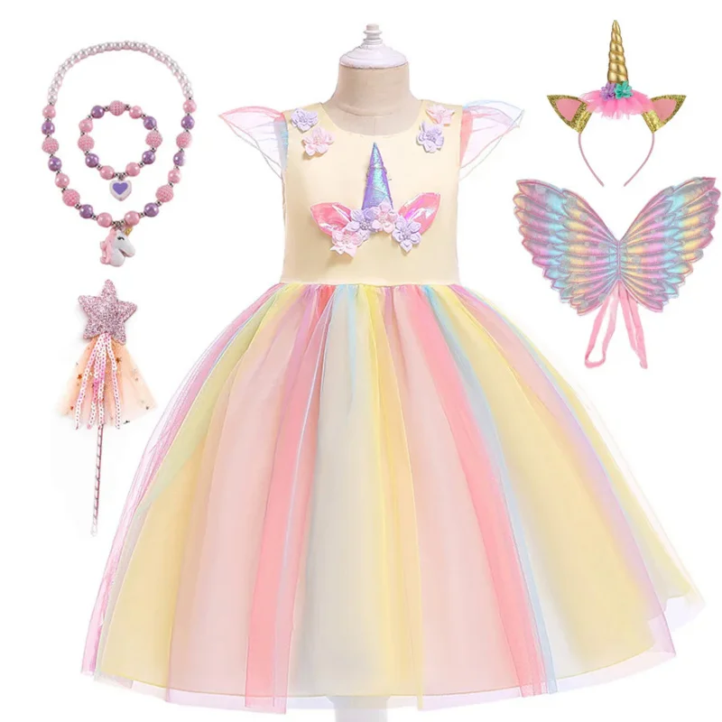 Vestido de unicornio con alas para niña, disfraz de princesa para fiesta de cumpleaños, Halloween, Navidad, ropa de verano, 2024