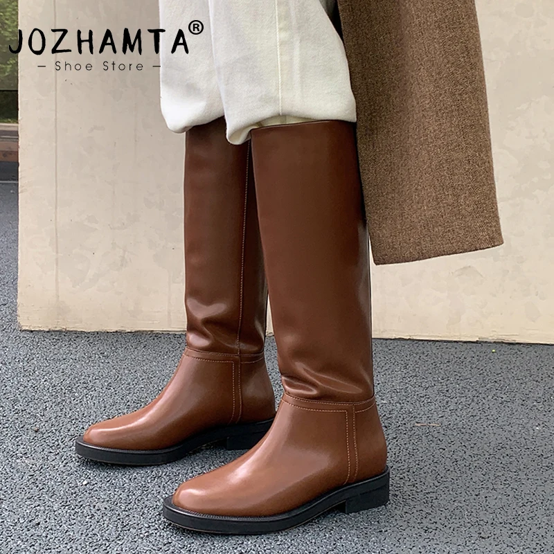 JOZHAMTA Size 34-39 Women Knee High Boots Genuine Leather Thick Heels Shoes Platform Fall Winter Vintage Casual Long Tall Boots