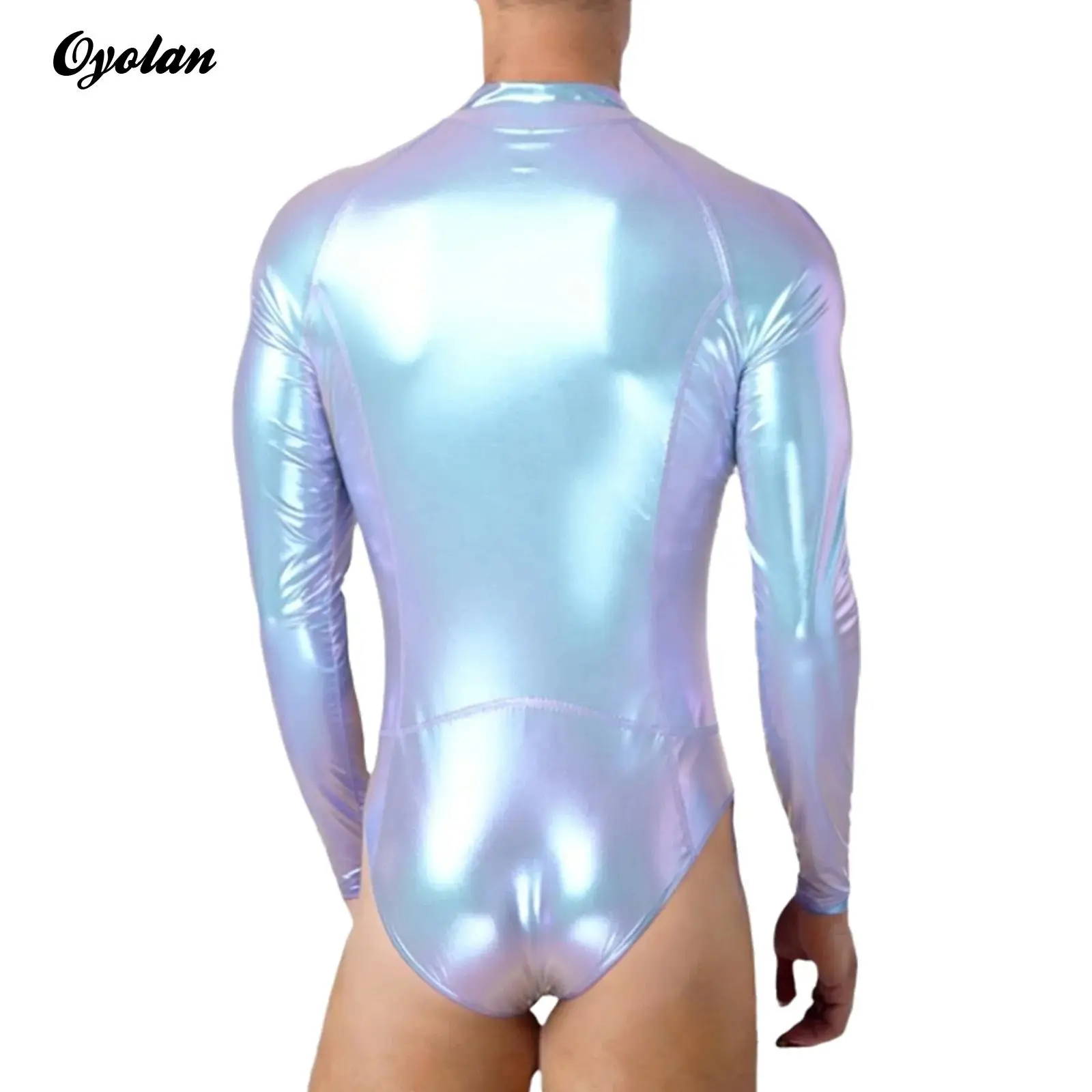 

Мужской цельный металлический блестящий комбинезон-боди для гимнастики, с молнией спереди, длинными рукавами, облегающий, для клуба и танцев