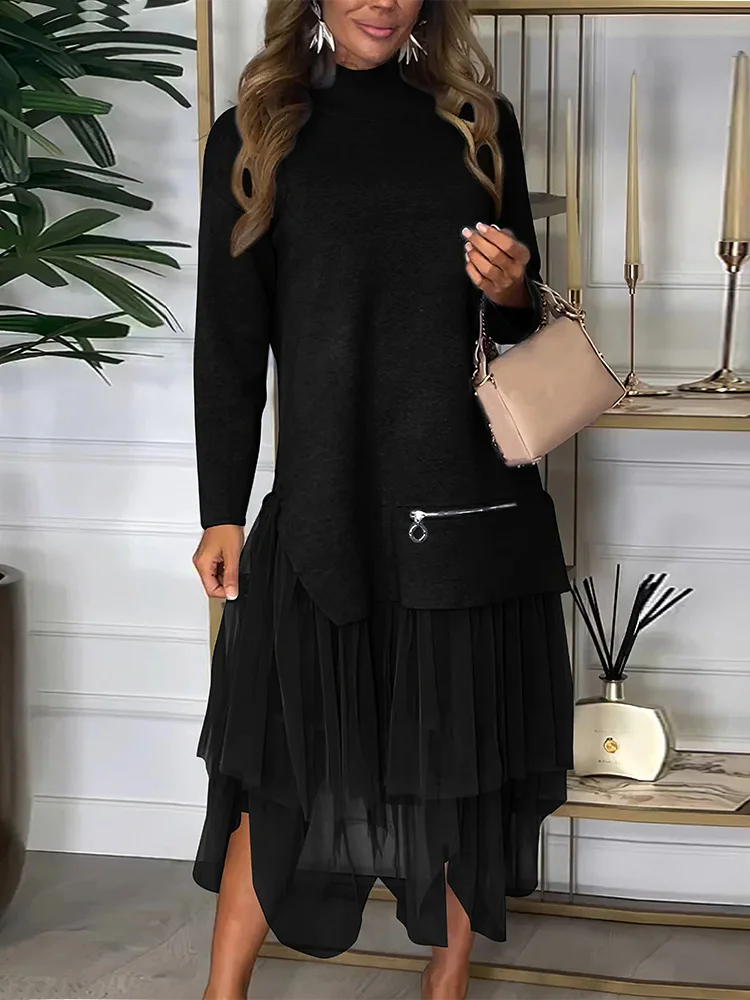 Drauuing Long Sleeve Knitted Spliced Gauze Dress Loose Women Causal Mesh Street Wear Dress Female Solid Mid-Calf Dress Vestidos