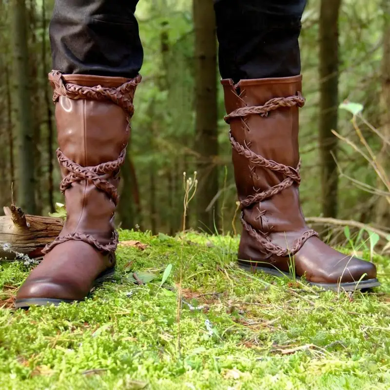 Retro Mittelalterliche Piraten-Cosplay-Stiefel für Männer, Halloween Gothic Bandage Ritterschuhe, Outdoor Geflochtene Schnürstiefel aus PU-Leder bis zur Wadenhöhe – Detail 7