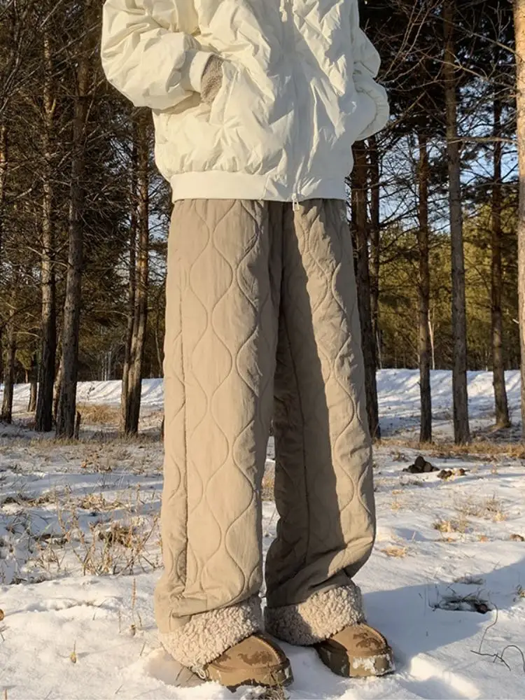 

Мужские зимние брюки из хлопка с американским ромбовидным узором, на флисовой подкладке, утепленные, из овечьего вельвета, теплые, прямого кроя, свободные, повседневные