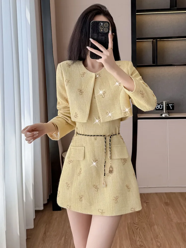 

High Quality French Small Fragrance Two Piece Set Women Short Jacket Coat + Dress Sets European Style Fashion 2 Piece Outfits