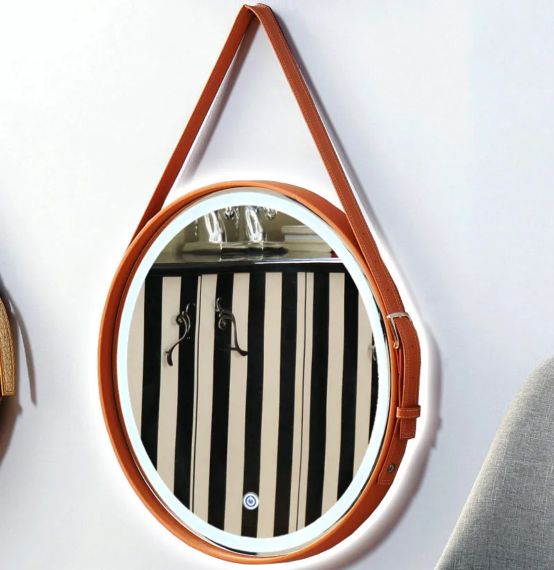 Nordic round smart bathroom mirror leather belt side decorative mirror bathroom mirror simple modern