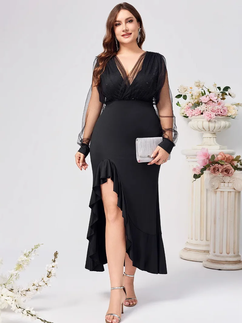 Ele V-ne Me Sve Dr Long Sve ثوب مسائي مقاس كبير تنورة نسائية عادية من ألياف البوليستر #3