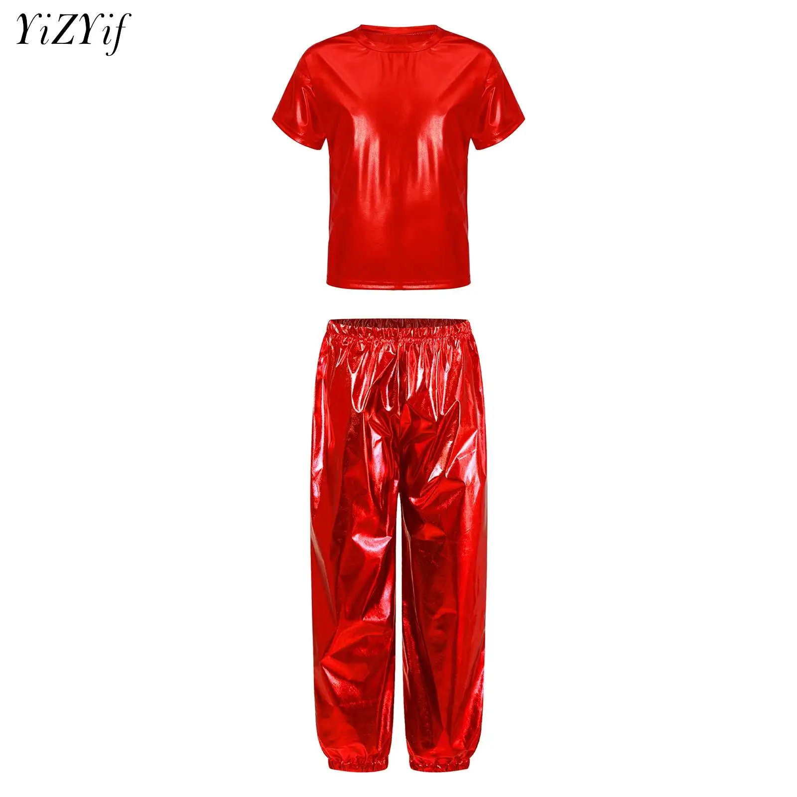 

Children Metallic Jazz Dance Modern Cheerleading Hip Hop Costume For Kid Boy Girls Crop Top And Pant Performance Outfits Clothes
