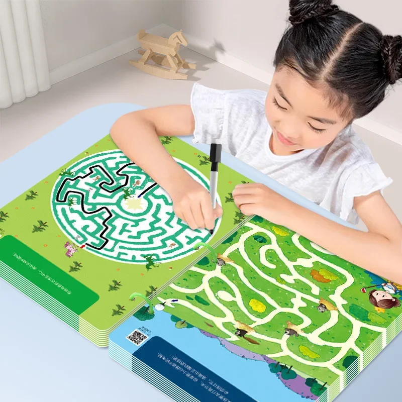 64 Pages Educational Games Kids Concentration Maze Training Book Reusable Practice Copybook