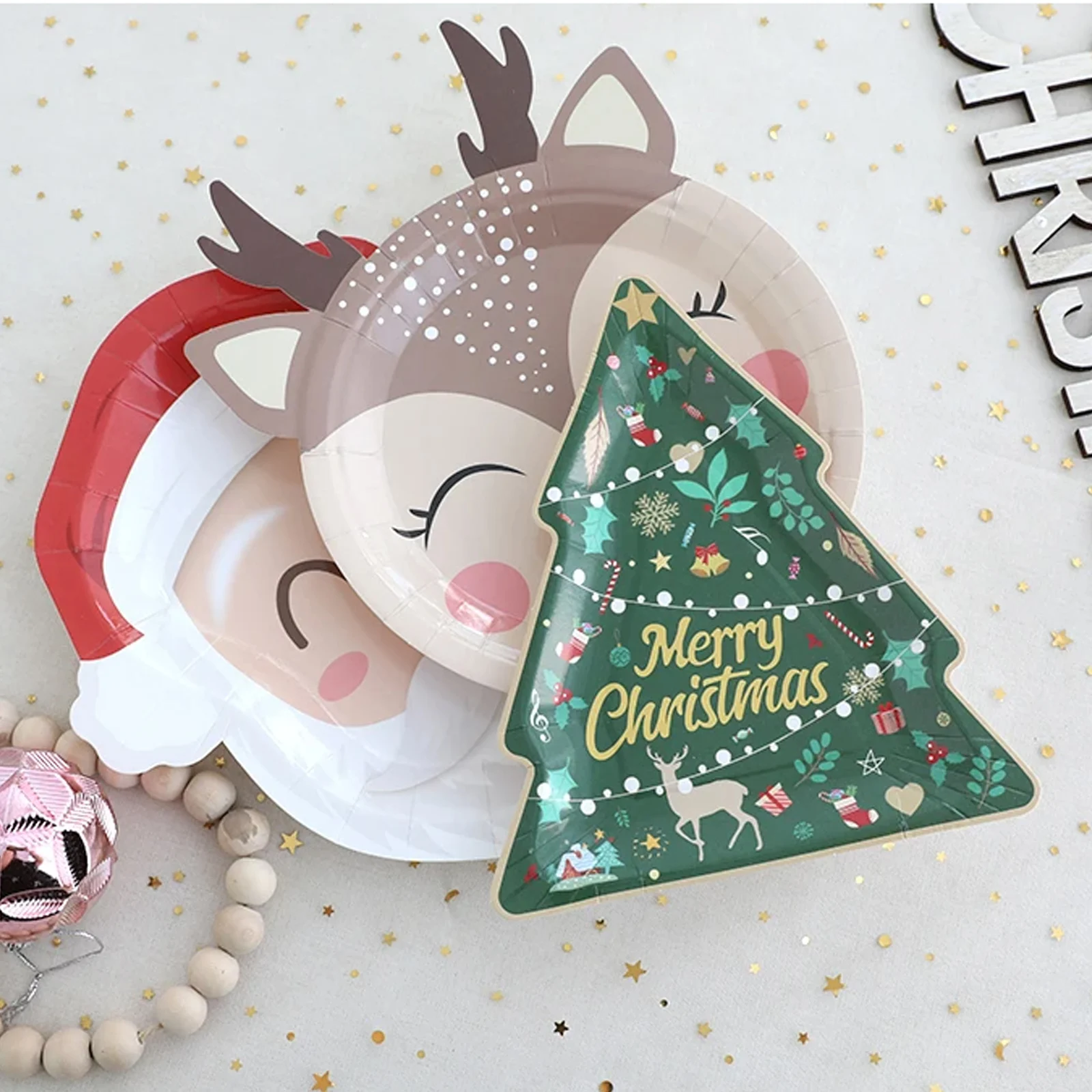 10pc Christmas Disposable Tableware Santa Claus Elk Xmas Tree Shape Plates Napkin Merry Christmas Decor Kids Happy New Year 2025