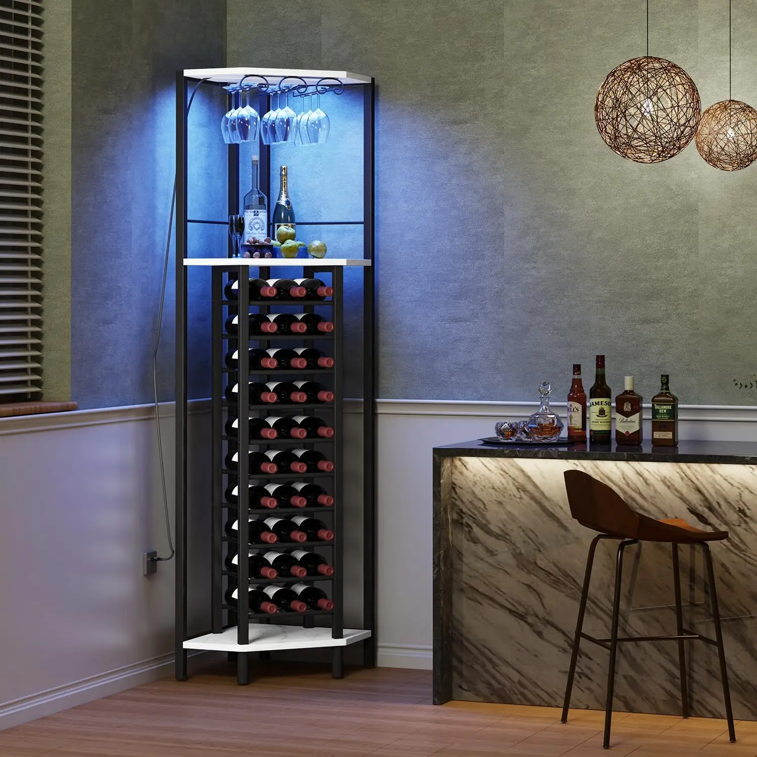 Bar Cabinet for Liquor and Glasses, 4-Tier bar Cabinet with Tabletop, Glass Holder, Storage Drawer and Wine Storage for image 5