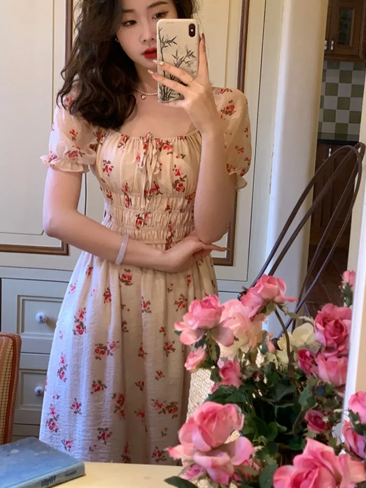 Women Vintage Sweet Lace-up Boho Dress Summer Fashion Casual Print Short Sleeve Square Neck Floral Corset Long Dresses Vestidos