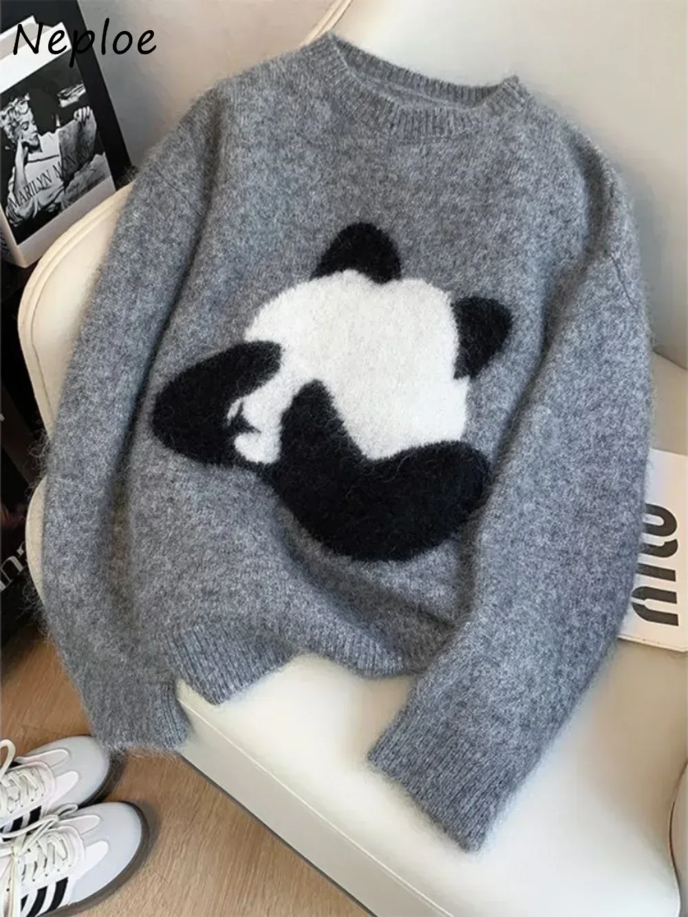 Neploe-Jersey fresco con estampado bordado, Jersey holgado que combina con todo, tejido de Panda dulce, suéteres largos informales suaves con paneles y cuello redondo