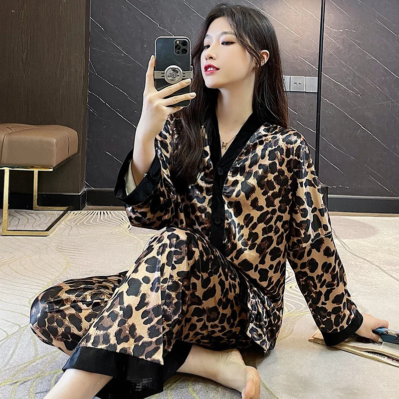 Leopard Print Pajamas Set Winter Warm Homewear Women Long Sleeve Top&pants Loose Homewear Fashion Pyjamas Femme Nightwear