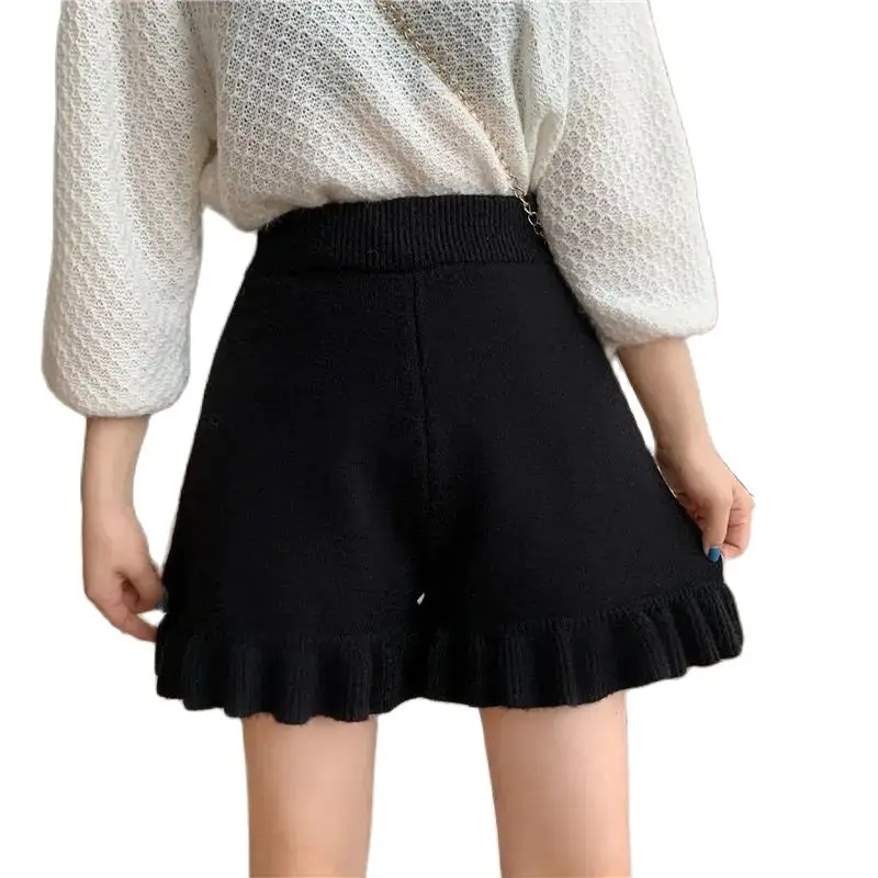 Autumn Winter New Trend Wide-leg Short Pants Thickened High Waist Slim Outer Wear Knit Shorts Women Loose Casual Short