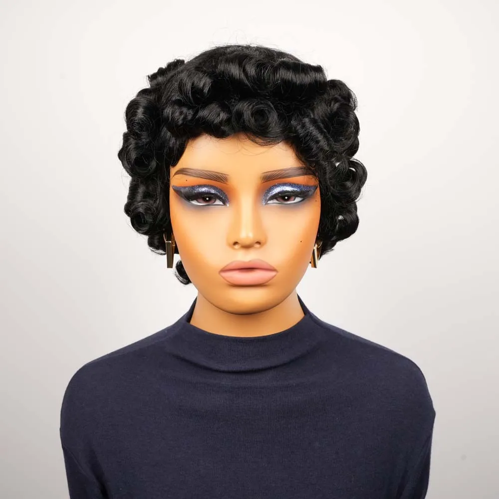 Кудрявый парик с стрижкой пикси, короткие надувные волны, человеческие волосы Remy с челкой, натуральный цвет, машинная работа, многослойная прическа, парик для ежедневного использования