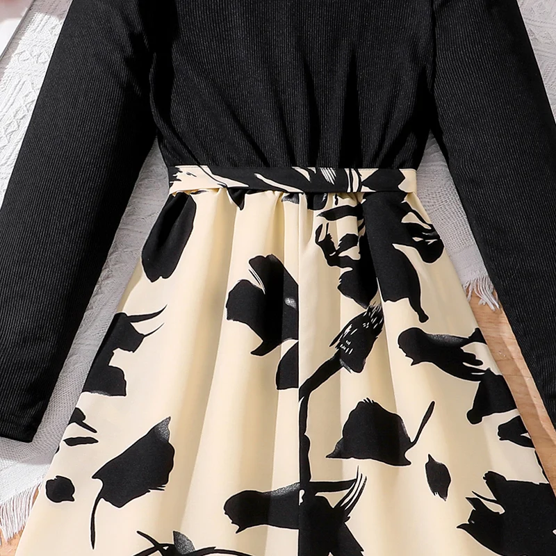 Kid Girl Long Sleeve Dress Black Round Neck Patchwork Ink Painting Dress 8-12 Years Elegant Vintage Casual Kids Autumn Dresses