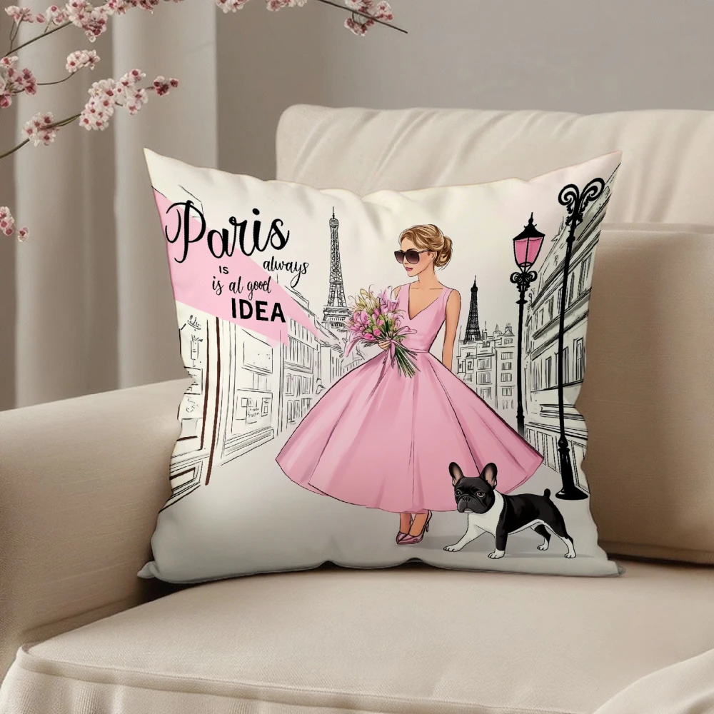 Square Throw Pillow Case Pink Paris Fashion Girl With French Bulldog And Eiffel Tower Print Home Decor For Sofa Bedroom Living R