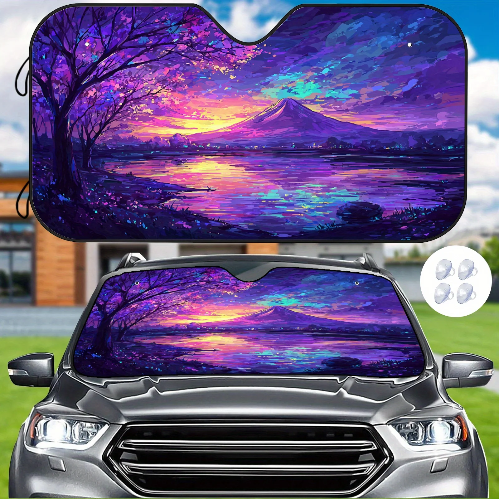 Dreamy Mount Fuji Car Sun Visor - Vibrant Landscape Art Design, Heat & Cold Retention, Includes Suction Cup For Secure Attachmen