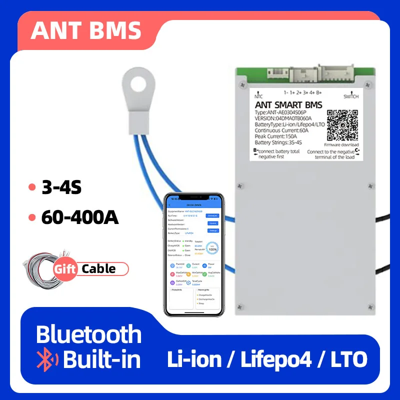 

ant bms 4s lifepo4 60a 110a 130a 400a smart bms 3s 12v Supports li-ion lifepo4 LTO Built-in Bluetooth with UART balance cable