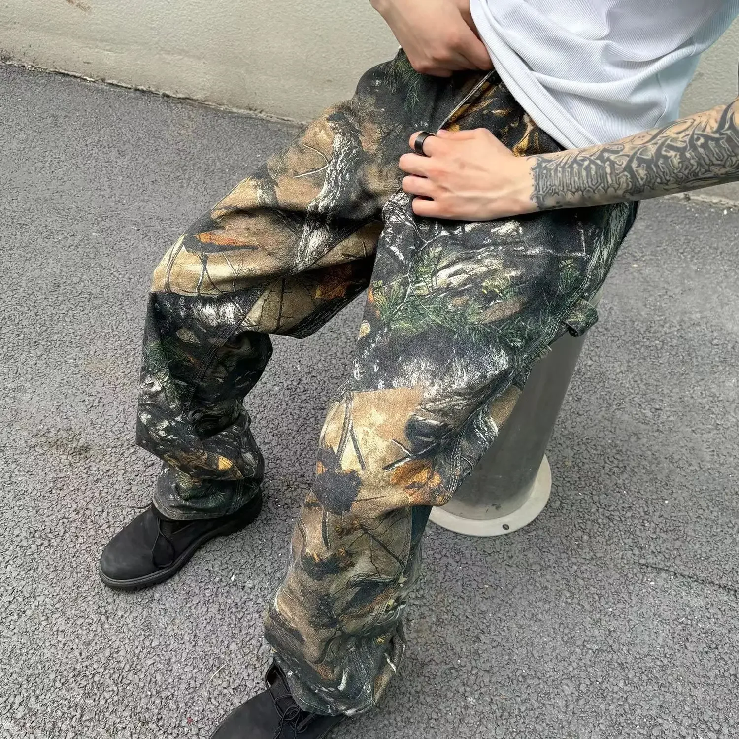 Patroon Camouflage Jeans Voor Mannen In Losse Harajuku Straight Tube Print Trendy Mannen En Vrouwen Hip-Hop Broek