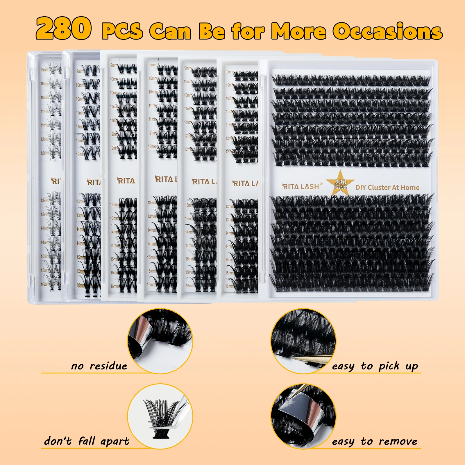RITALASH 280PCS Cluster Lashes 10D 20D 30D 40D 50D 60D 80D DIY Eyelash Extension D Curl Long Individual Lashes Mixed Tray Lashes