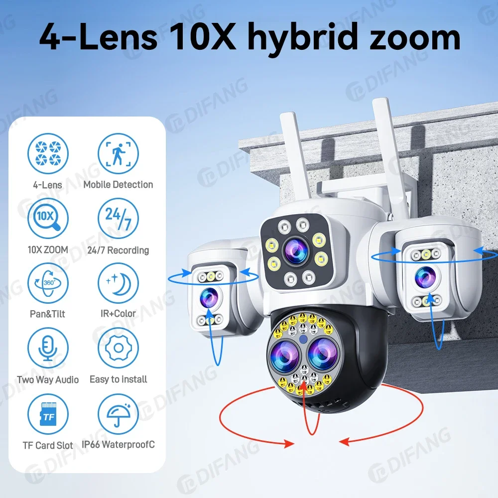 8K 16MP WiFi Camera 10X Zoom Four Len Three Screen CCTV Security Protection Video Surveillance Yoosee Video Surveillance 360°