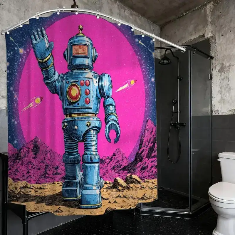 

Ретро-шторка для душа в стиле научной фантастики с роботом, 12 крючков, 70,87x70,87 дюймов, декор для ванной комнаты в космической тематике – дизайн в стиле винтажной футуризм-модели.