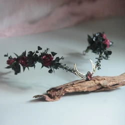 Burgundy and black gothic flower crown Black moon goth tiara Elven tiara Witch headpiece Dark fairy crown Goth accessories