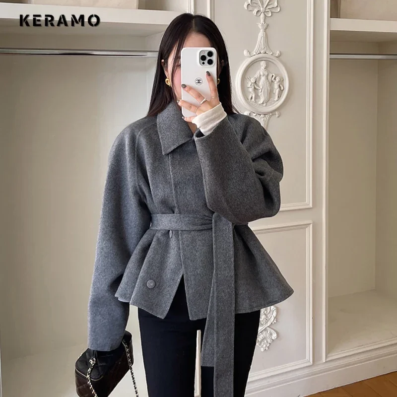 Casual Office Lady X-long Oversized Wool Jacket 2024 Winter Women Outerwear Loose Fit Solid Blends Belted Design Warm Coat