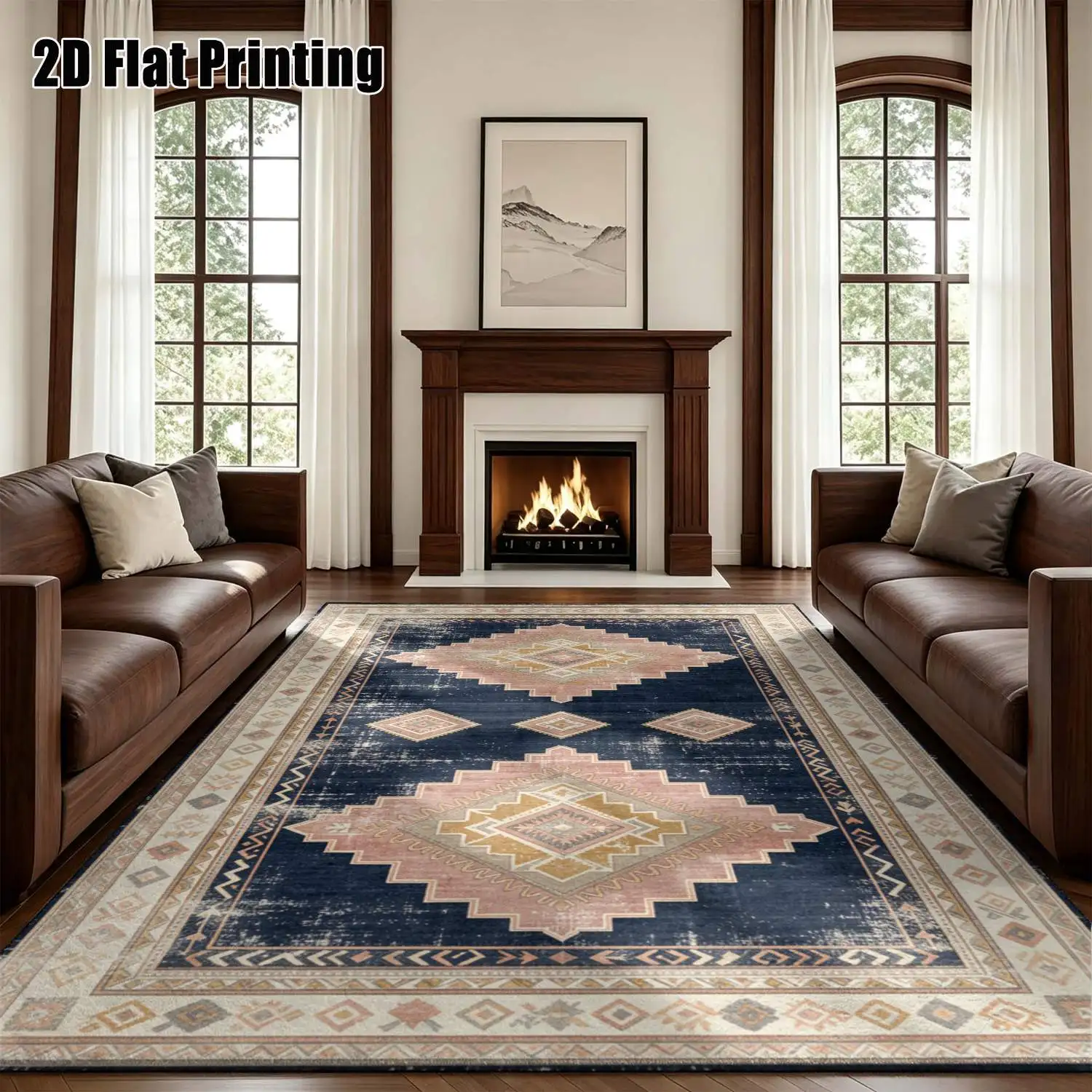 1Pc 2D Printed Carpet: Retro Blue Pink Geometric Patterns, Multiple Styles & Sizes, Machine Washable, Multi-Scene Use for Home Decor