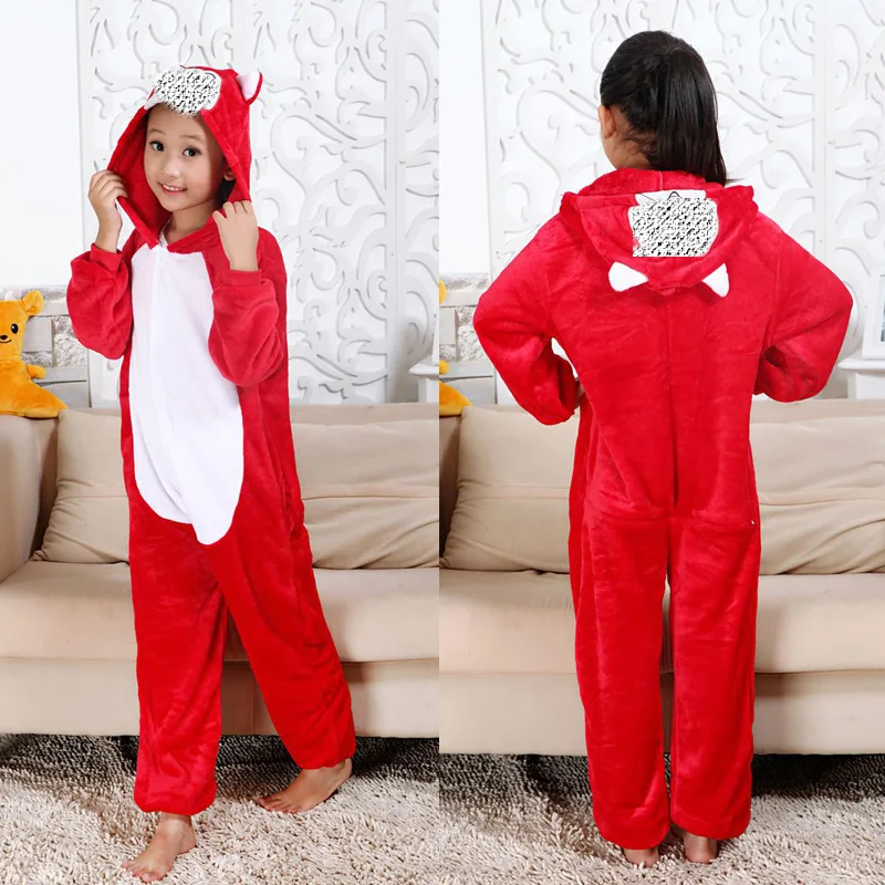 One Piece Hooded Jumpsuits Boys and Girls Red Animal Kigurumi Flannel Pajamas Kids Pyjamas Pijamas Infantil Sleepwear Nightwear