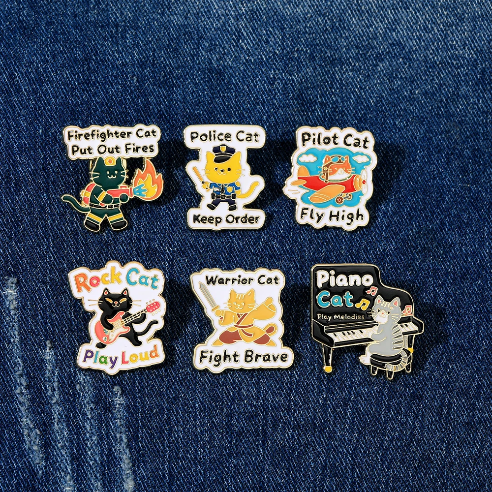 6 Styles Funny Piano Rock Warrior Cat Deisgn Enamel Brooches Cute Pilot Police Firefighter Kitten Golden Pins