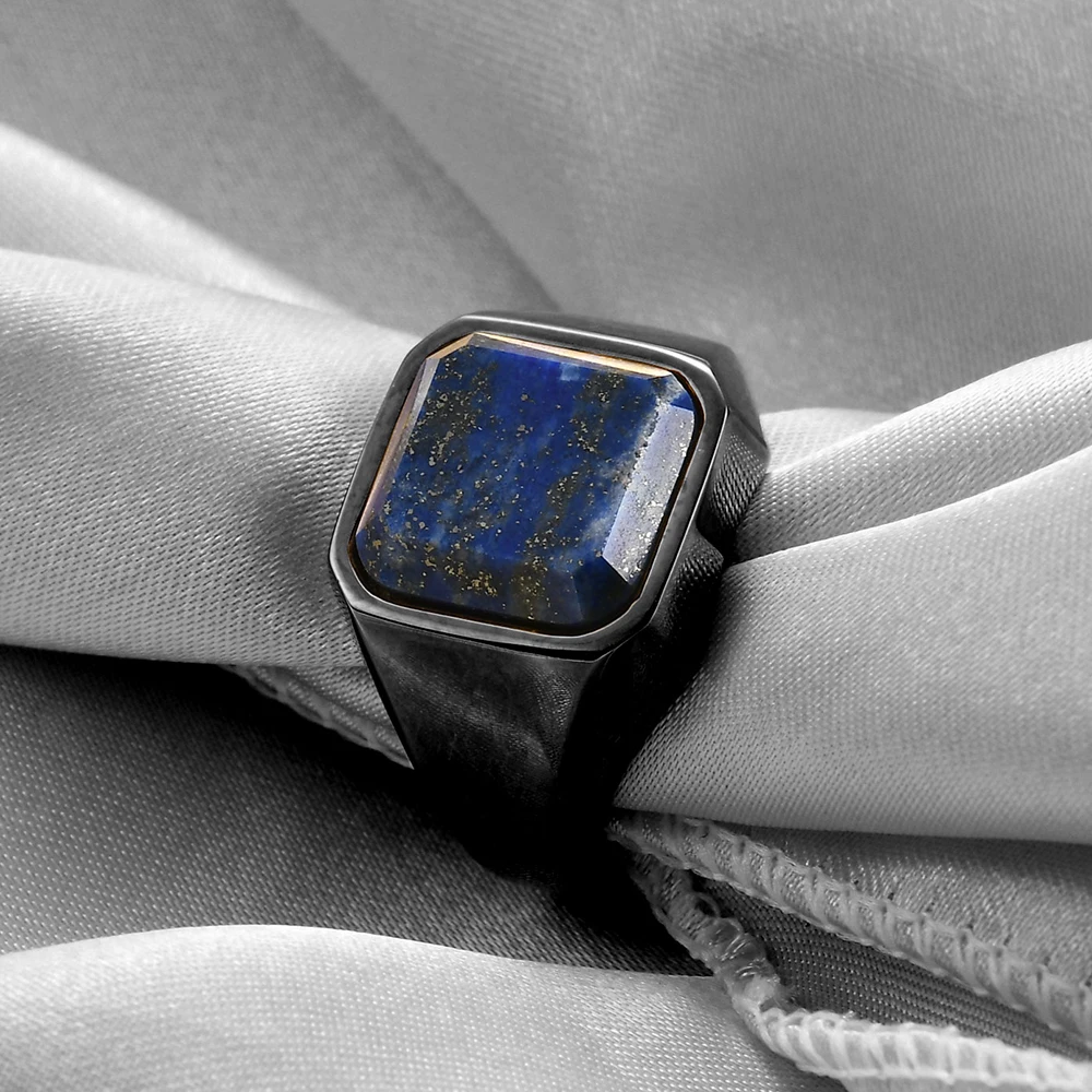 VQYSKO Blue Stone Ring Square Shape Signet Ring Statement Cute Wedding Jewelry For Men Gifts For him