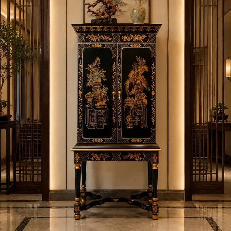 Chinese style retro style wood carving opposite door locker black gold color scheme figure pattern