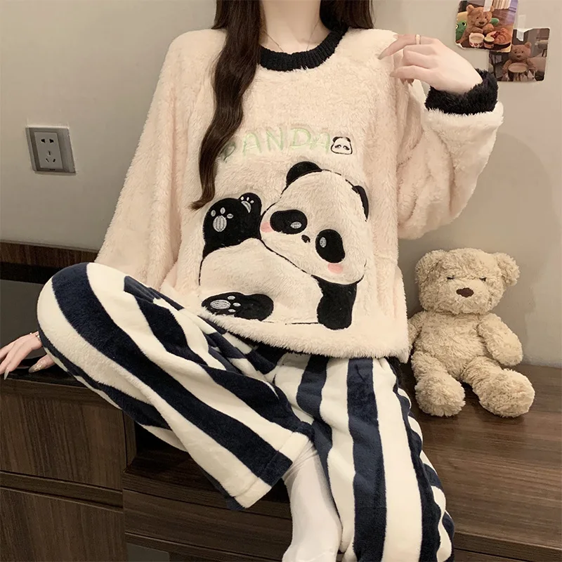 Winter Coral Fleece Pajamas Set Women Sweet Cartoon Sleepwear Flannel Thickened Ops and Trousers Pjs Korean Students Loungewear