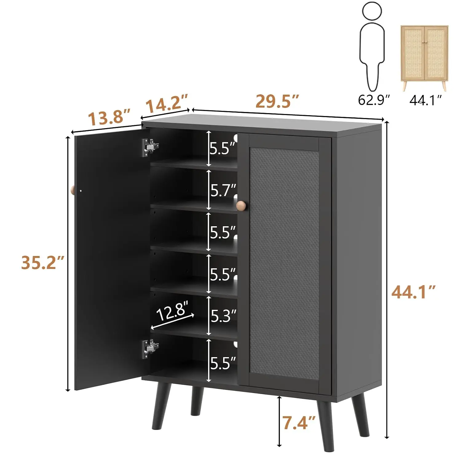 6-Tier Rattan Shoe Cabinet, 2 Door Entryway Sideboard With Adjustable Shelves, 44