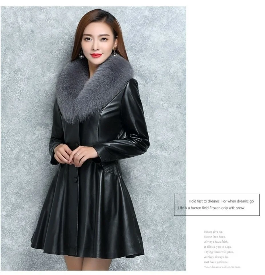 New Women's PU Leather Jacket For Autumn Winter Slim Big Fur Collar Long Leather Coat Female Outerwear