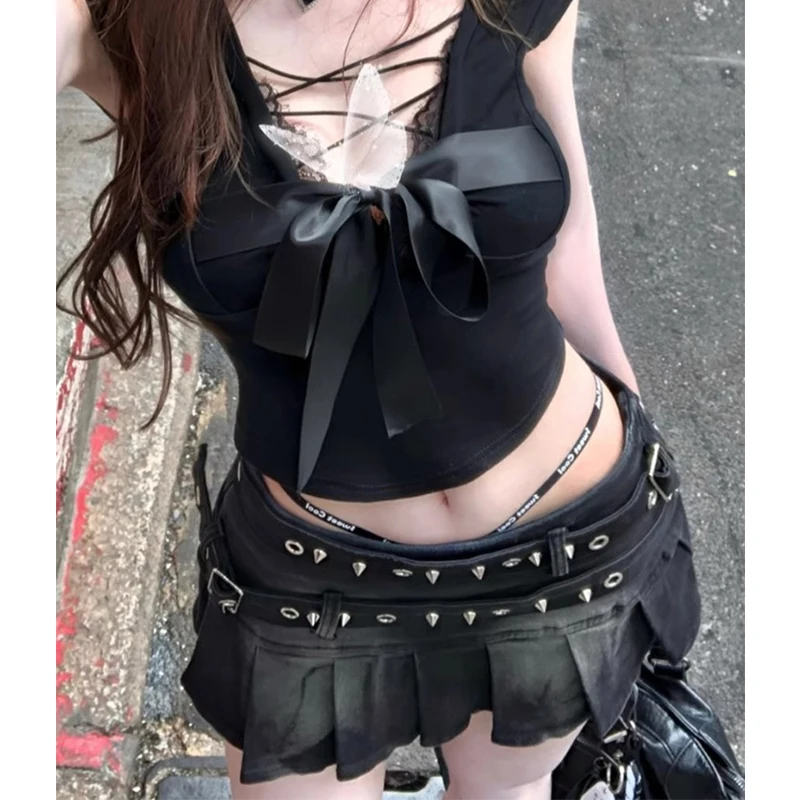 MEXZT Y2K 2000S Denim Mini Skirt Women Streetwear Rivet Pleated Jeans Skirts Summer Harajuku Grunge Sexy Low Waist A Line Faldas