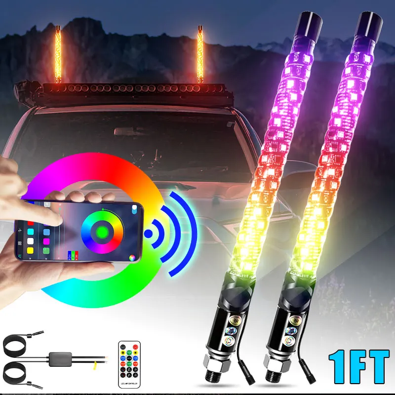 

1FT 5050 RGB Whip Lights Bluetooth Remote Control Spiral LED Lights Turn Signal Brake Reverse Light For Off-Road 4x4 ATV Polaris