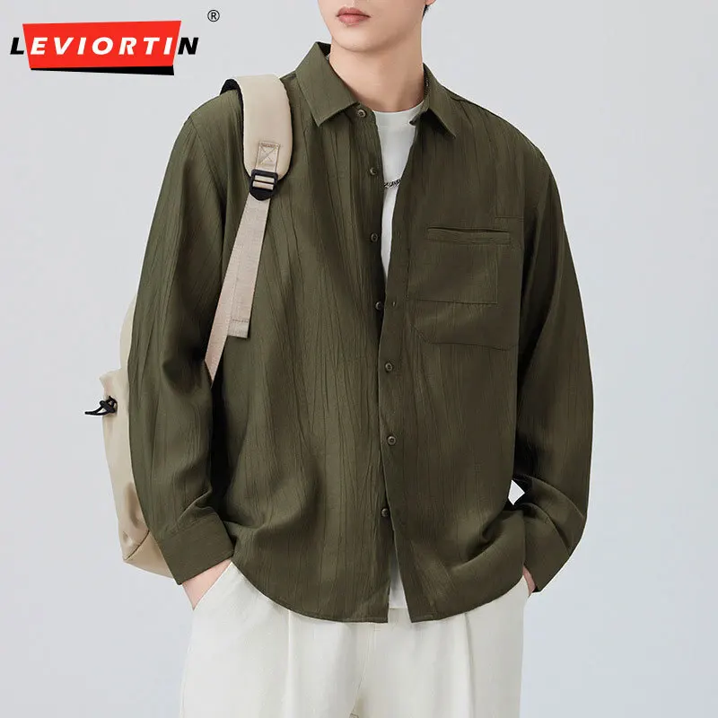 Men's Spring and Autumn Fashion Urban Loose Light Business Street Trendy Solid Color Top Casual Collar Pocket Design Shirt