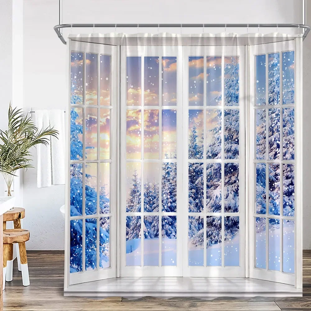 Winter Forest Scenery Shower Curtain Snow Window Outside Nature Landscape Snowy Pine Tree Bathroom Decor Polyester Bath Curtain
