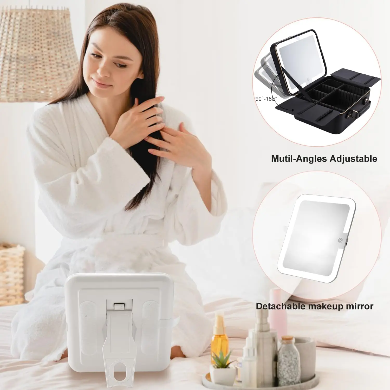 حقيبة مكياج للسفر بإضاءة LED مع مرآة مكبرة 10 مرات، وفواصل قابلة للتعديل وتخزين محمول (جلد أسود)