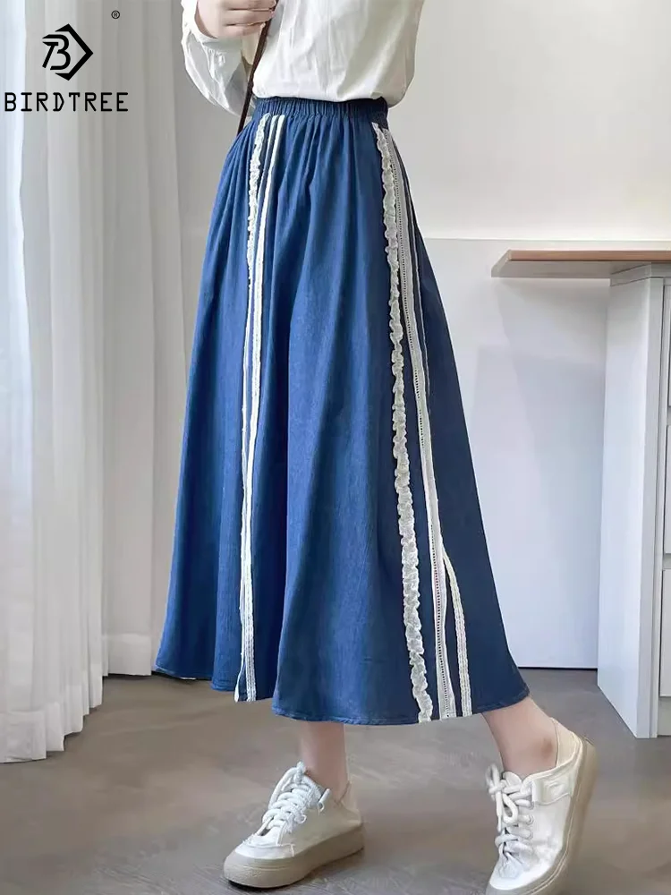 

New Summer Denim Sweet Skirts, Women Elastic Waist Lace Spliced Skirt, Mori Girl Retro Simple Loose Skirt, 2024 Autumn B47693QM