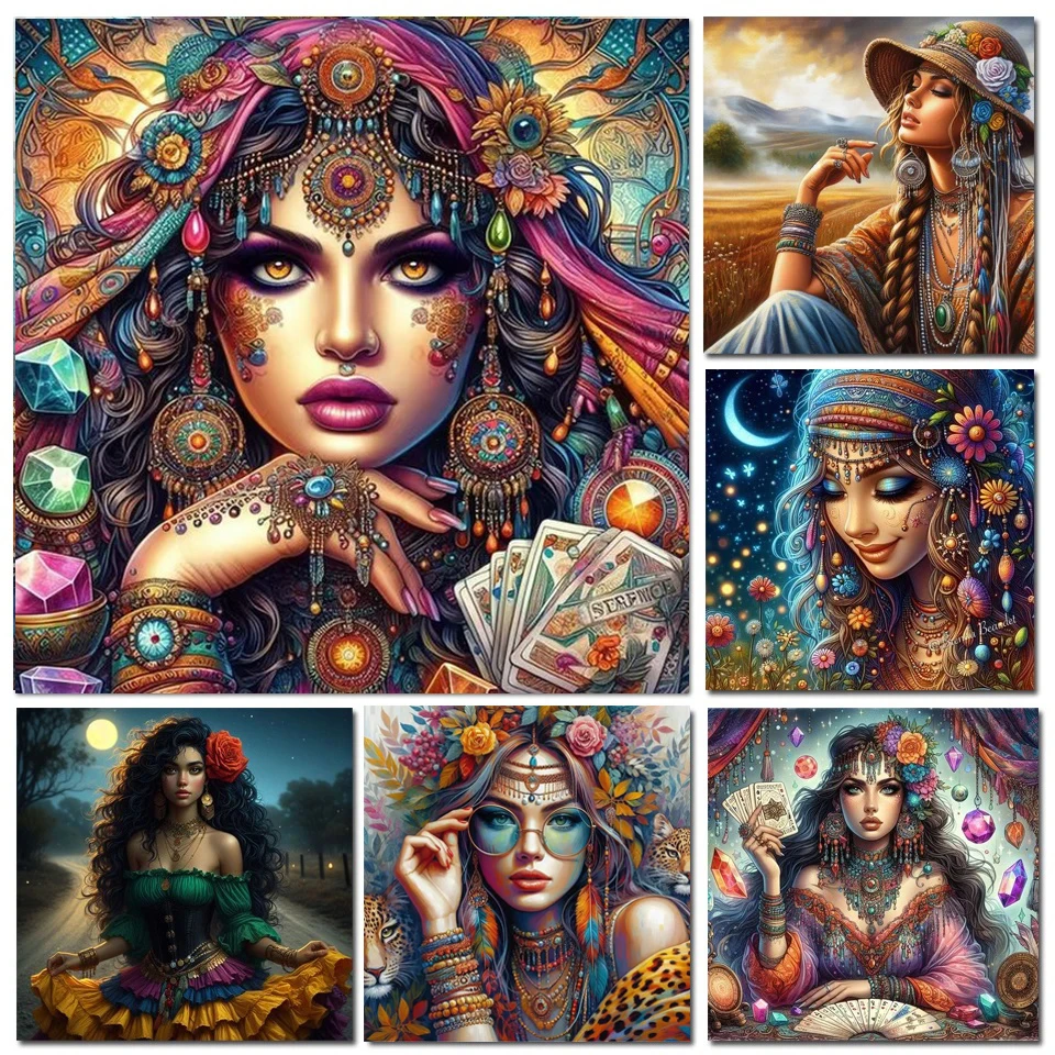 Gypsy Pretty Feather Woman Diamond Painting New 2024 Full Square Round Mosaic Diy Jewelry Cross Stitch Beautiful Lady Home Decor