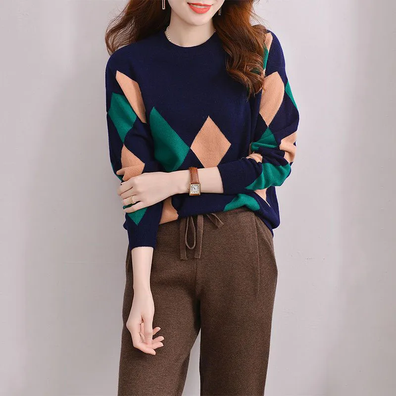 New Korean Version Diamond Plaid Round Neck Sweater Base Thickened Patterns Retro Warmth Trendy Versatile Long Sleeved Knit Top