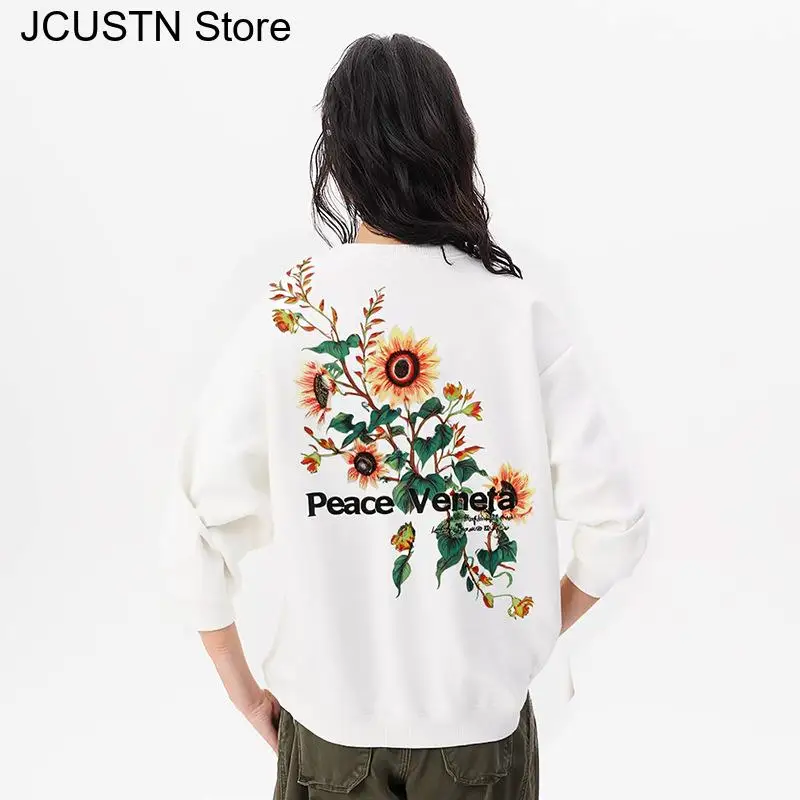 New Long-Sleeved Sunflower Letter Embroider Tops Casual Round Neck Head Round Neck Hoodie Woman Sweatshirt Clothes