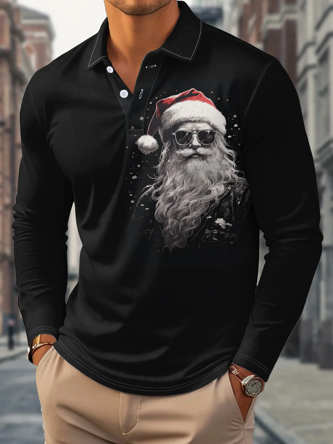 Frohe Weihnachten Weihnachtsmann Button-Down Herren Langarm Poloshirt Mode Urlaub Herbst Revers 3D Bedrucktes Hemd Festival Tops