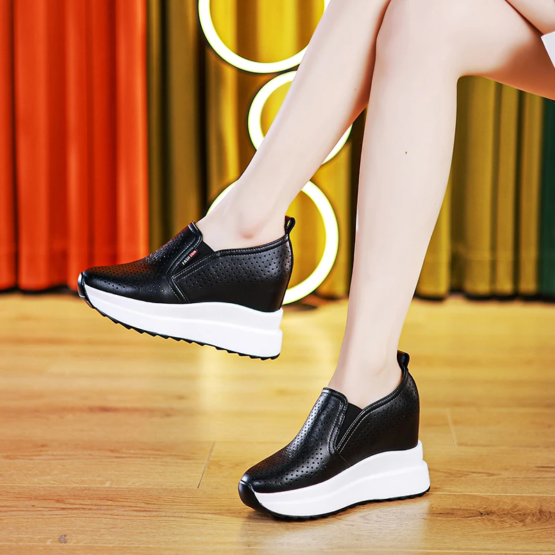 10cm Microfiber Platform Heel Wedge Shoe Sneakers Pumps White Platform Air Mesh Hollow Pumps Shoes Summer Women Zapatos de Mujer