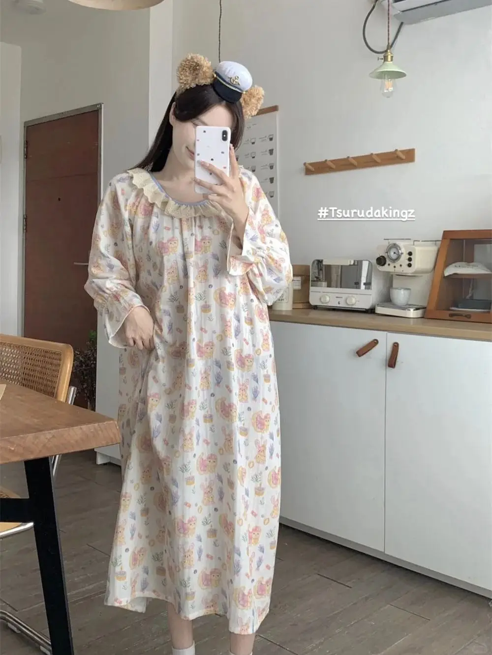 

Korean Girl Cute Cartoon Pajamas for Women in Sprin Autumn New Round Neck Long Sleeve Nightgown Home Clothes Dress Nightie Lady