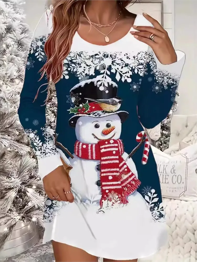 

Ladies' Christmas Casual Party Dress New 3D Red Snowman Printed Dresses Long Sleeve O-Neck T-shirt Casual Loose Mini Vestidos